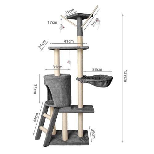 Grått 138cm kattträd med väggfäste, sisal skrapstolpar, mysigt hus och hängande leksaker