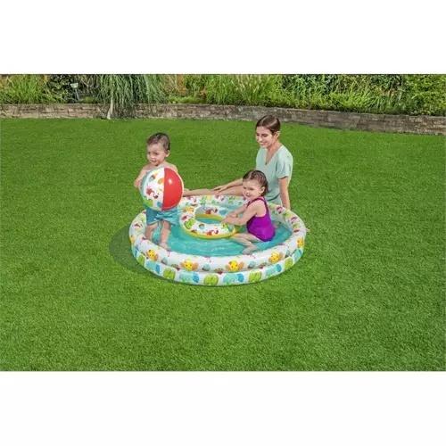 Bestway 3-i-1 uppblåsbar pool med boll och ring, slitstark vinyllekplats för småbarn (1m x 1m)