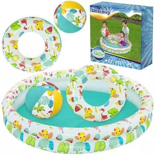 Bestway 3-i-1 uppblåsbar pool med boll och ring, slitstark vinyllekplats för småbarn (1m x 1m)