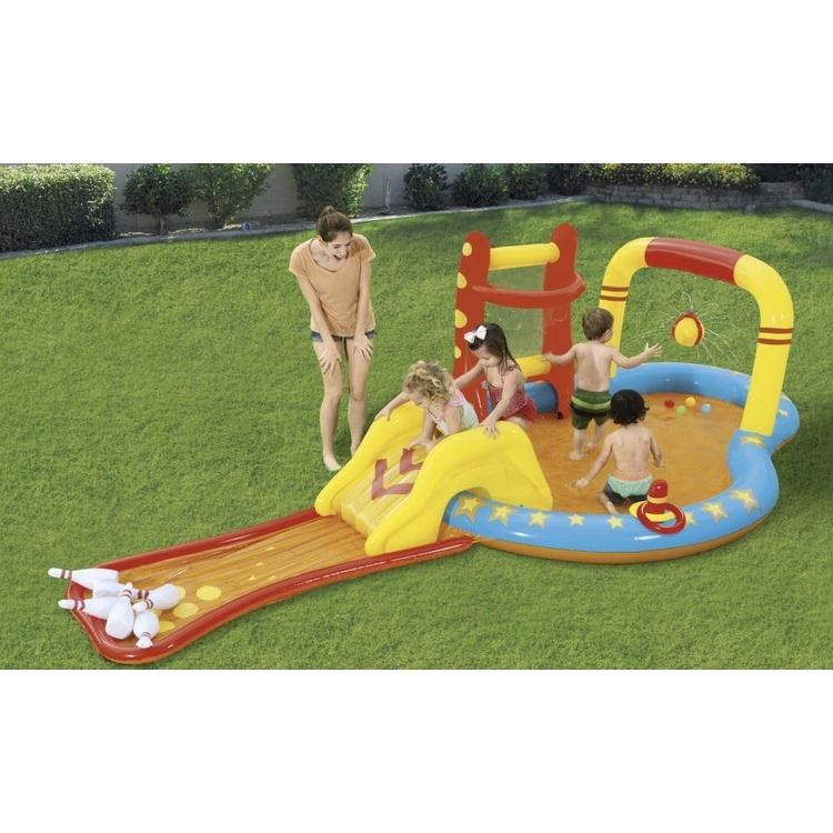 Bestway 53068 uppblåsbar vattenlekplats med rutschkana, pool och spel – 435x213x117cm