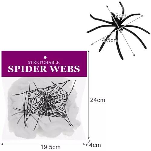 Realistiskt halloween spindelnät dekorationsset med 2 spindlar, töjbara spindelnät för upp till 2,5 kvm täckning