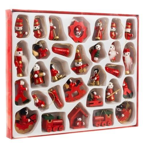 30-pack trä julhängen ornament – röda klassiska vintermotiv träddekorationer