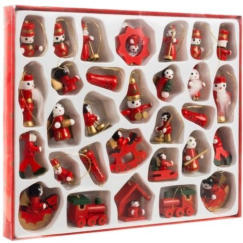 30-pack trä julhängen ornament – röda klassiska vintermotiv träddekorationer