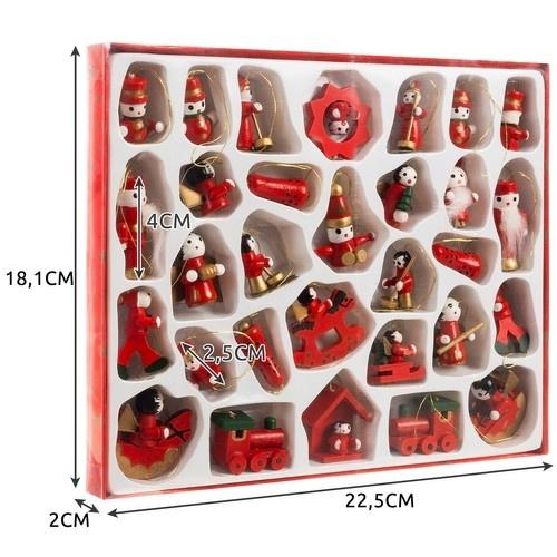 30-pack trä julhängen ornament – röda klassiska vintermotiv träddekorationer