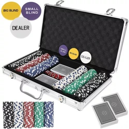 Malatec 300-chip casino pokerset med aluminium resväska – inkluderar metallkärna marker, kort, tärningar och funktionspoletter