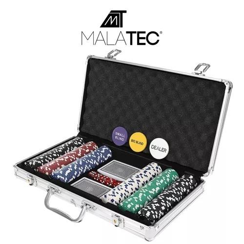 Malatec 300-chip casino pokerset med aluminium resväska – inkluderar metallkärna marker, kort, tärningar och funktionspoletter