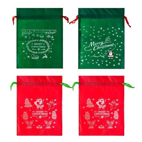 Set med 4 festliga julklappspåsar med jultomtemönster – stor storlek, non-woven tyg