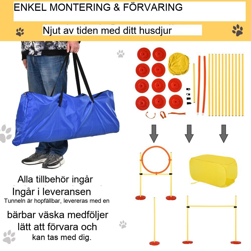 Justerbart hundagilityträningsset – hinderbana med tunnel, hoppbåge och slalomstavar