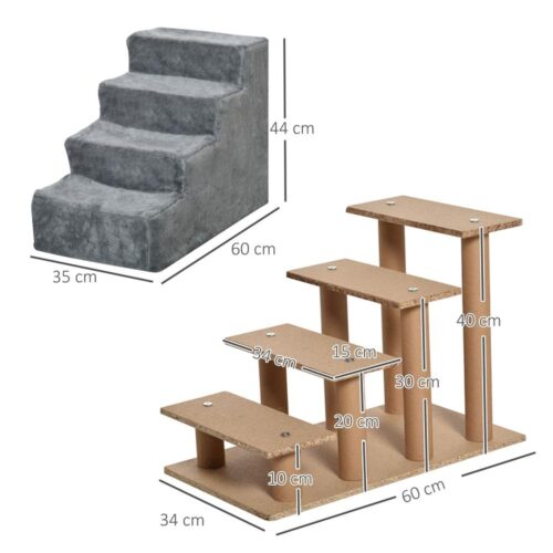 Grå husdjurstrappa 4-stegs hundramp med avtagbart plyschskydd 60x35x44 cm