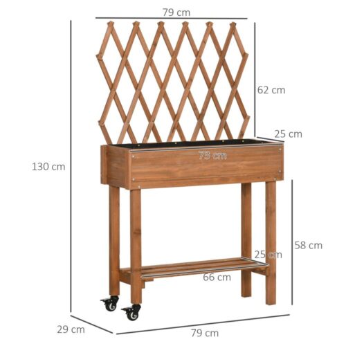 Upphöjd trädgårdssäng i massivt trä med spaljéhylla och hjul – Brun 79x29x130cm