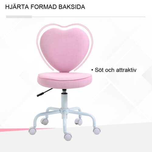 Rosa hjärtformad kontorsstol, höjdjusterbar, vridbar sits