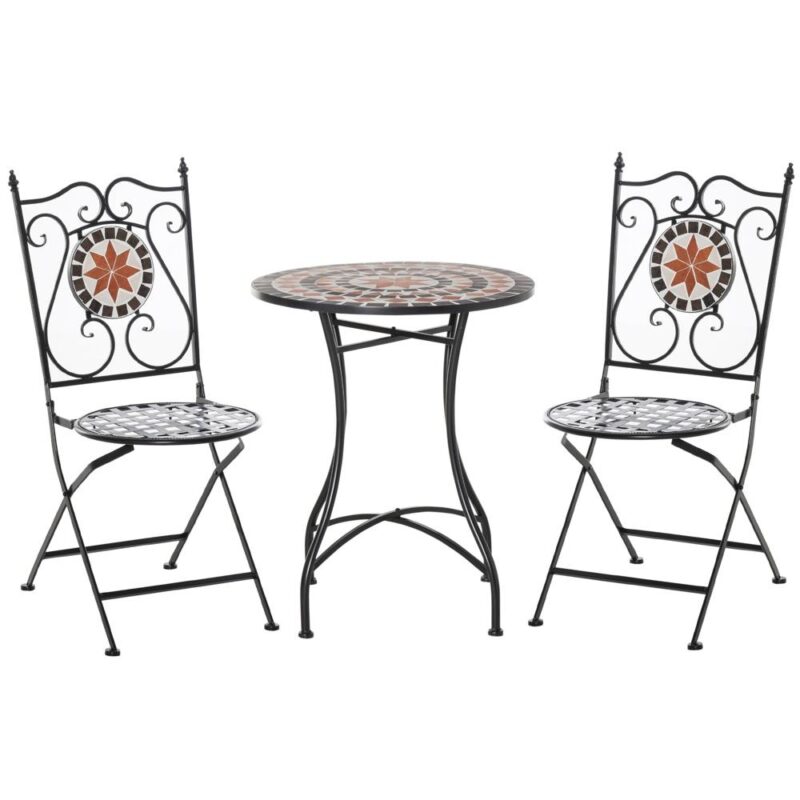 Mosaic Balcony Bistro Set för 2 med hopfällbara stolar och metallbord