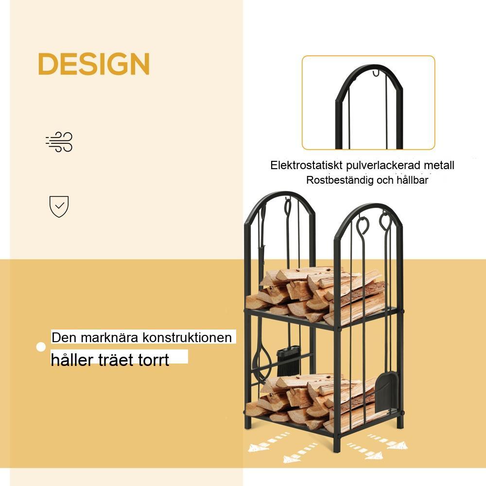 Vedställ med verktyg, 2-våningsdesign för uteplats, eldstad eller inomhusbruk