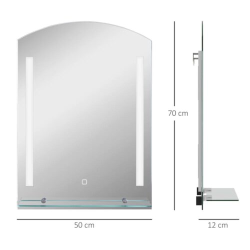 LED badrumsspegel i aluminium med beröringsljus, minnesfunktion och hylla, 50x70cm