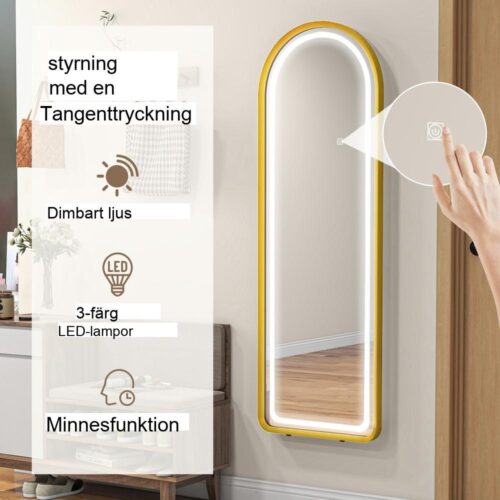 Dimbar LED Hellängd Ståspegel, Touch Control, Guld 47x146cm