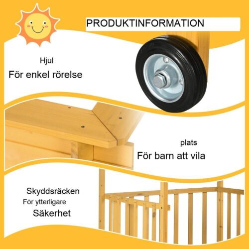 Naturlig träsandlåda med lekstuga, solskydd och hjul för 3 barn