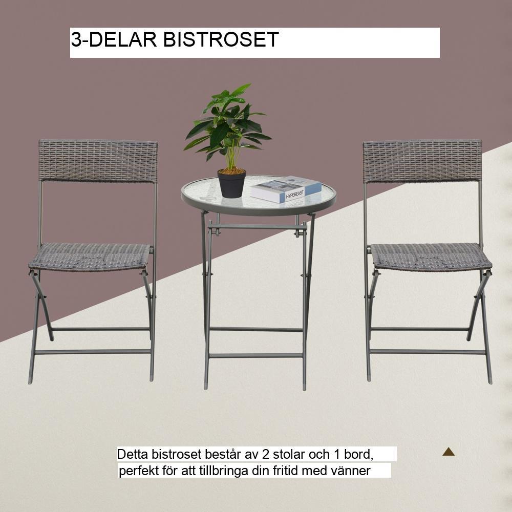 Väderbeständig brun polyrattan bistroset – 3 delar hopfällbar balkongmöbel