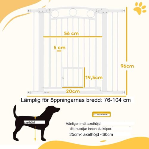 Vit stålskyddsgrind för hund och katt, justerbar 76-104cm, ingen borrning