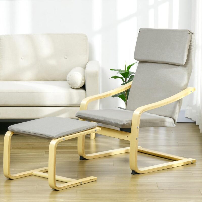 Cream White Linne Lounge Chair Set med pall, armstöd och nackstöd