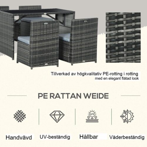 Grå 5-delad matsalsset i polyrattan för 4, väderbeständig och bekväm