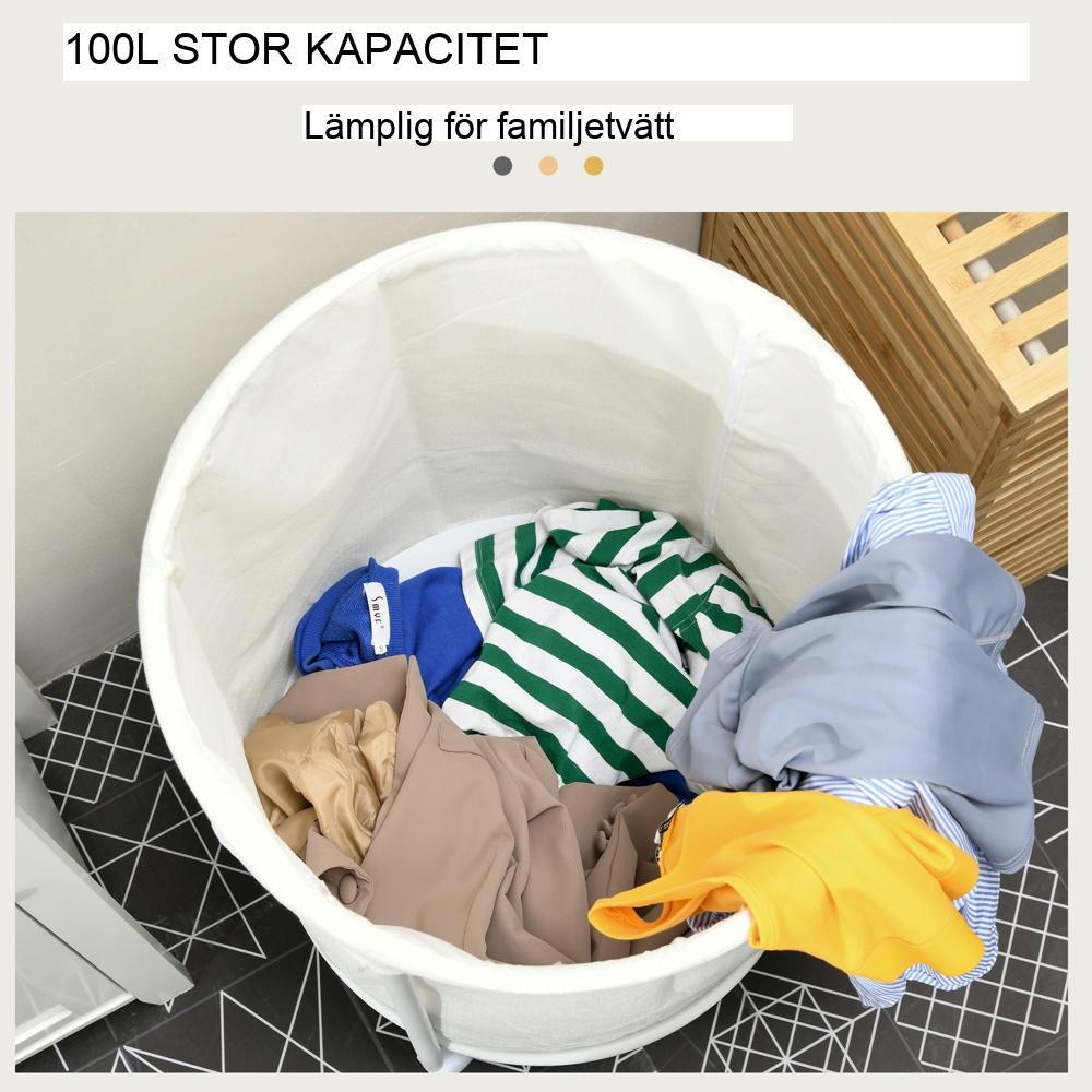 100L tvättkorg med hjul, avtagbar påse, stålram, kräm