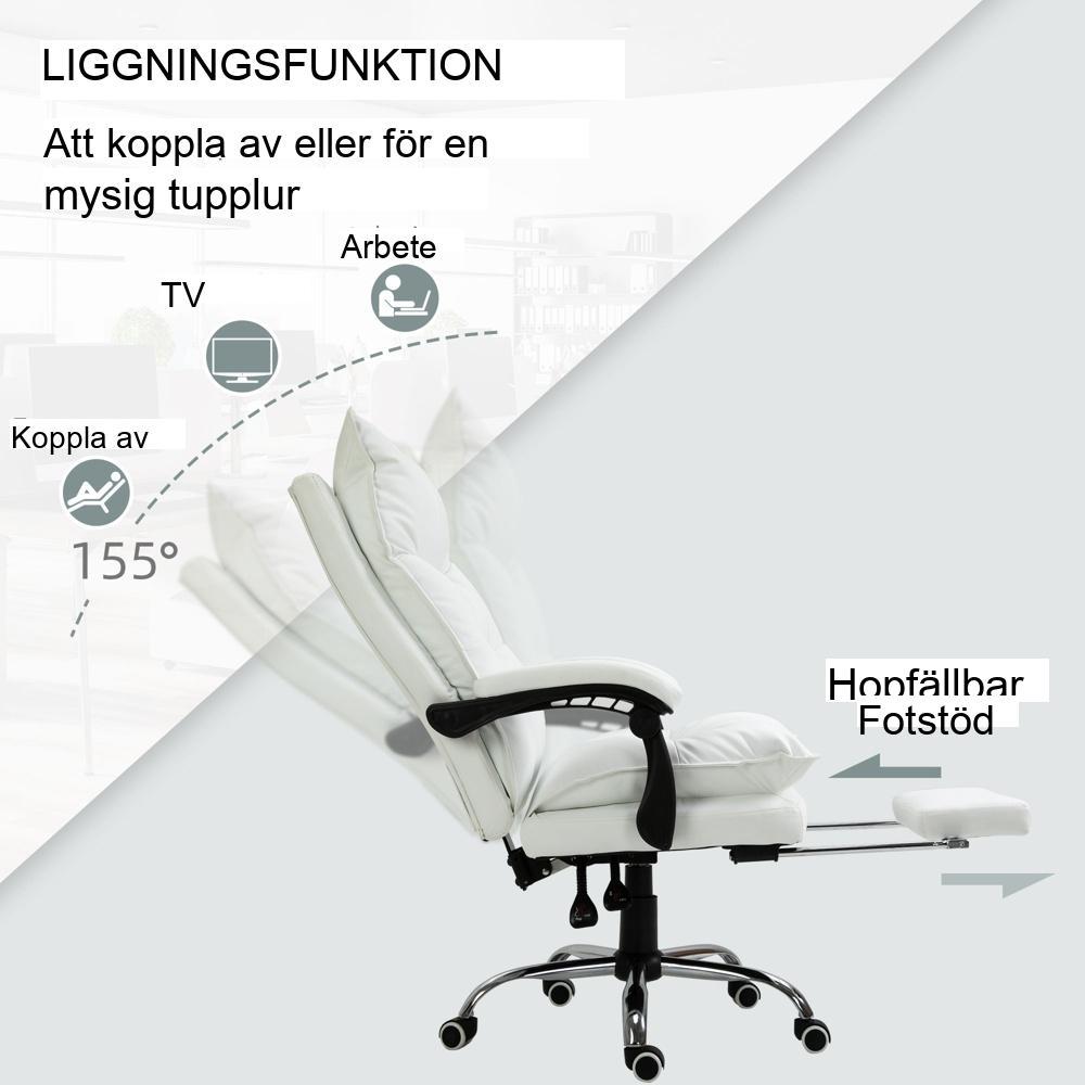 Vit ergonomisk kontorsstol med lutande, fotstöd och höjdjustering