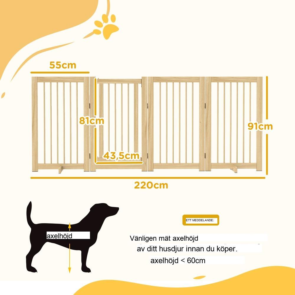 Hopfällbar hundgrind i trä med dörr, säkerhetsbarriär för medelstora hundar, 220 x 91 cm