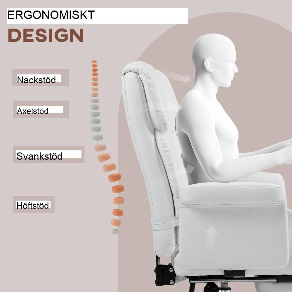 Ergonomisk kontorsstol med liggfunktion, svankstöd och fotstöd – Vit