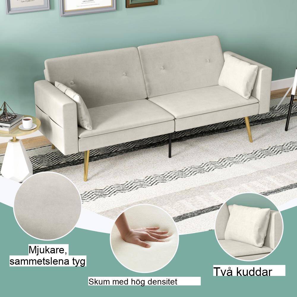 Justerbart ryggstöd Bäddsoffa, Dubbelsäng, Beige Velvet 2-Sits