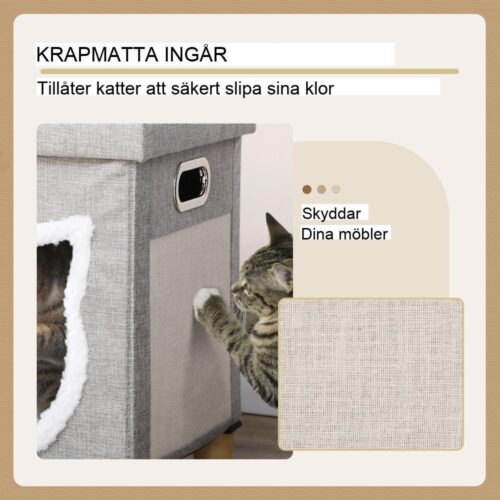 Grey Cat Cave Ottoman: Plyschkudde, skrapmatta och lekboll