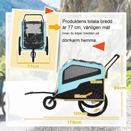 Blå hundvagn och barnvagn, cykelfäste, upp till 30 kg