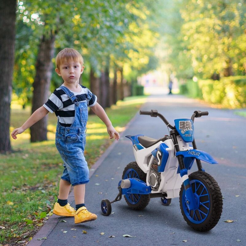 Elmotorcykel för barn, 12V, 45 minuters körtid, justerbara stödhjul