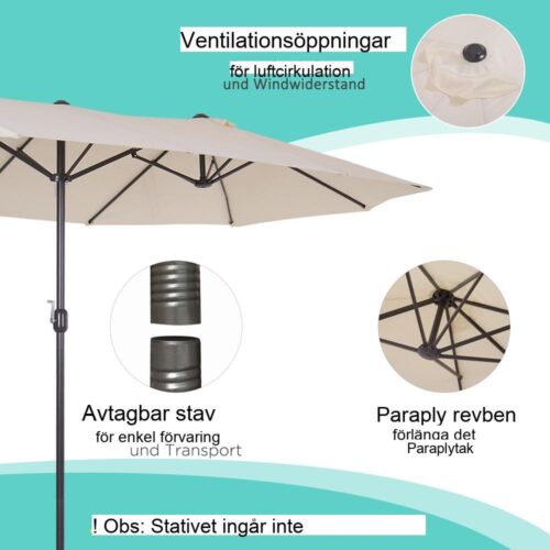 XXL Beige uteplatsparaply med handvev, dubbelparasoll – 455 x 270 cm