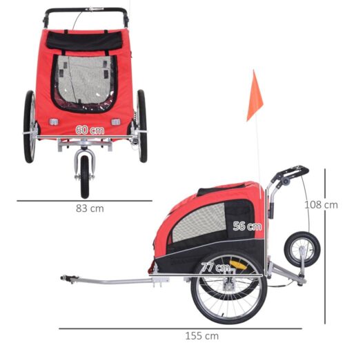 2 i 1 hundcykelvagn och joggingvagn, röd+svart fjädring, säker och bekväm