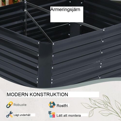 Trädgårdsbäddset i stål med stödgaller, 3-delat, mörkgrå