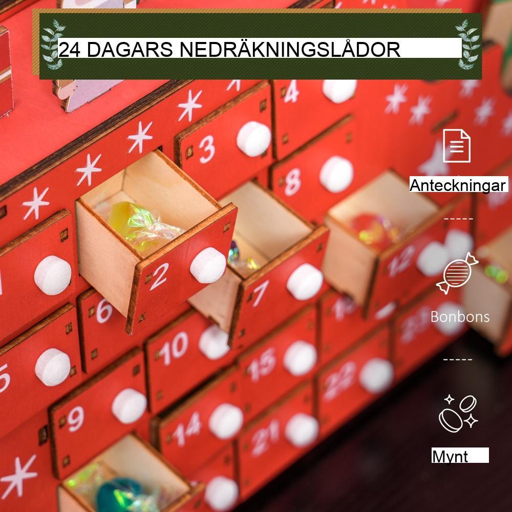 Jultomtens adventskalender, 24 lådor, röd MDF, återanvändbar juldekor