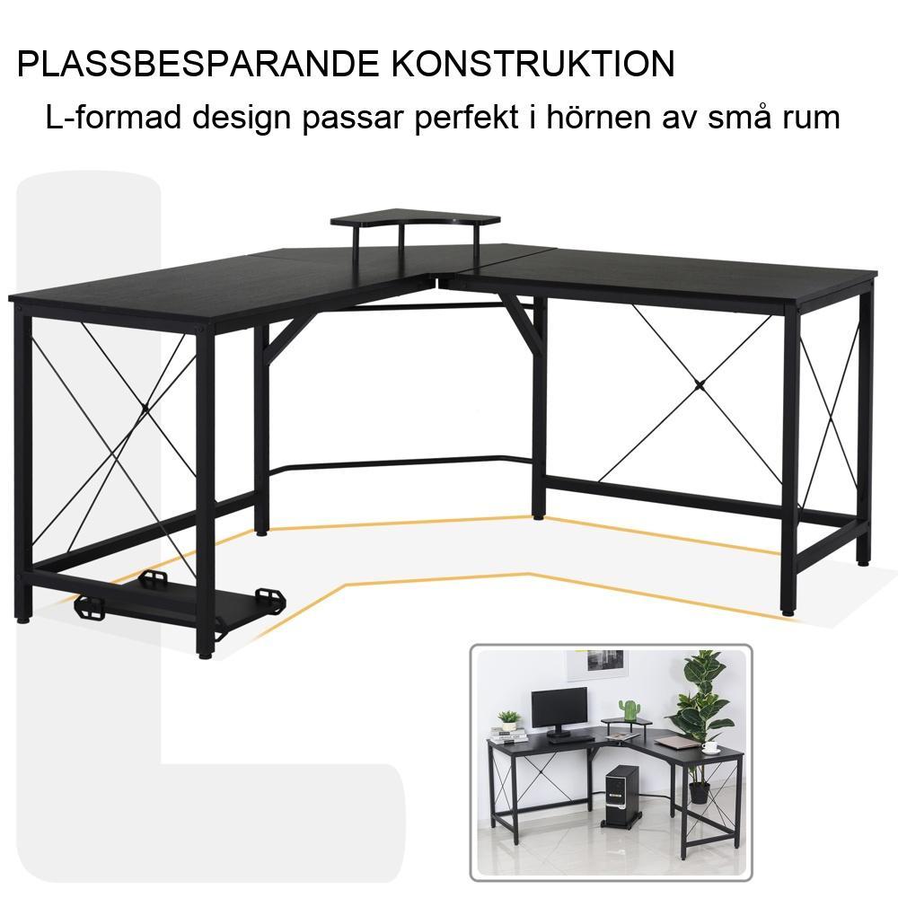 L-format hörnskrivbord med bildskärmsstativ – industristål svart