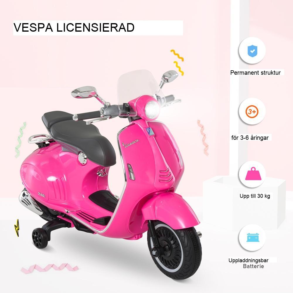 Licensierad Vespa Kids elektrisk motorcykel med strålkastare och musik