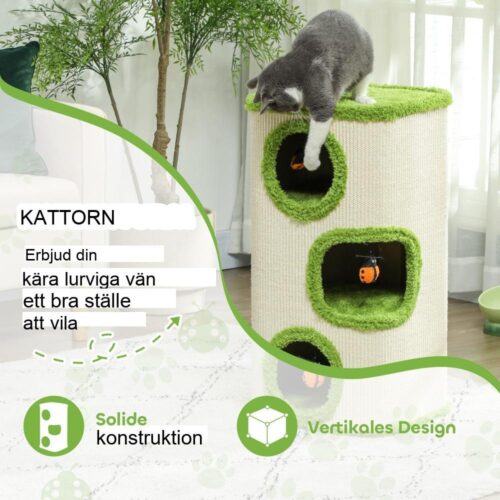 Green+Cream Cat Scratching Barrel Tower med 3 grottor och leksaker