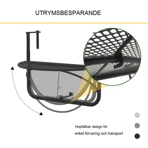 Justerbart Höjdhängande Balkongbord, Vitmetall, Halvcirkulärt, 30cm