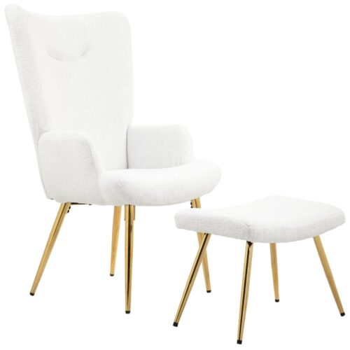 Sherpa Wing Chair med Pall Set – Modern White Lounge Chair och fotpall