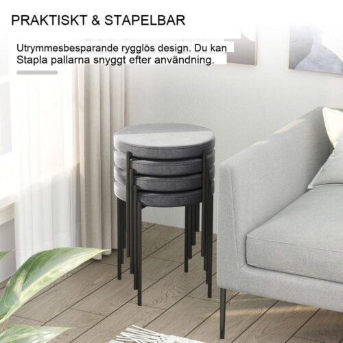 Set med 4 stapelbara matpallar i sammet, grå metallram