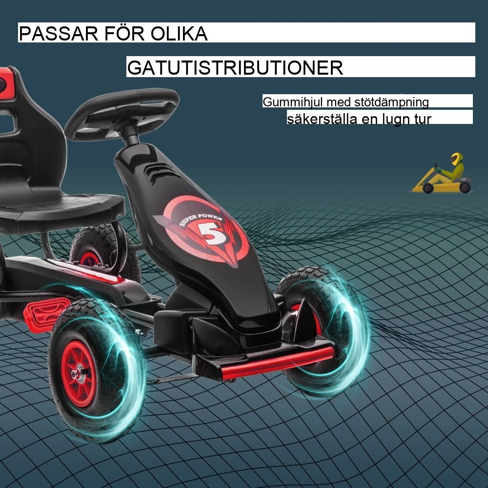 Röd+svart gokart för barn, justerbart säte, trampbil för åldrarna 5-12