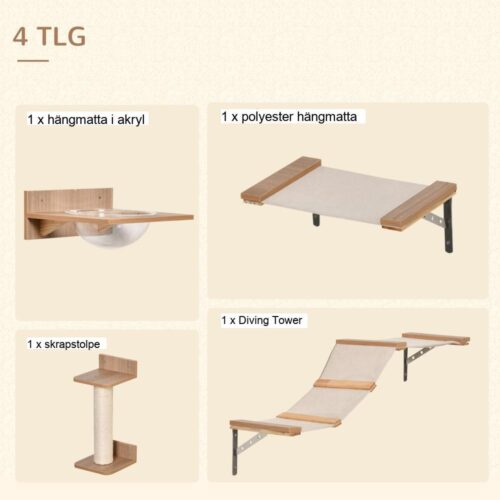 Kattklättervägg med hängmatta, skrapstolpe och hopptorn – Ljusbrun