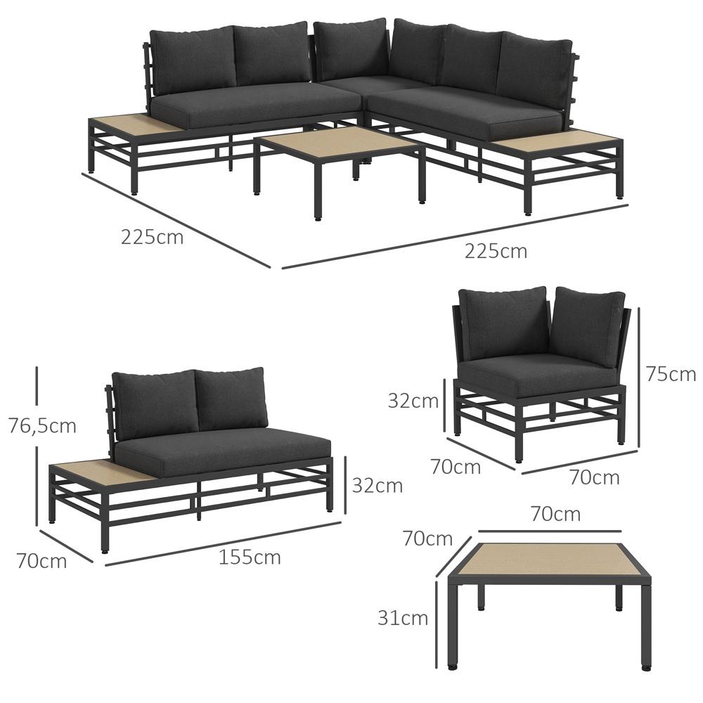 Trädgårdsloungeset i grått aluminium med soffa, kuddar och soffbord