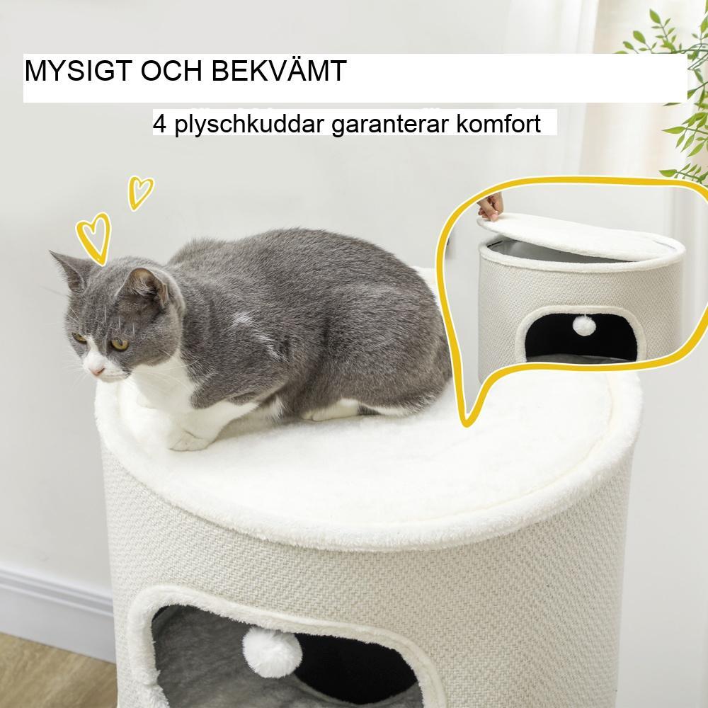 3-nivå Cat Barrel Tower med skrapstolpar och lekbollar, beige+krämvit