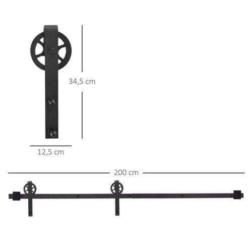 Svart skjutdörrssats i kolstål – 200 cm Heavy Duty Rustik Style Set 90 kg Kapacitet