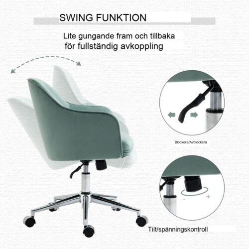 Justerbar retro kontorsstol med gungfunktion och grönt sammetstyg