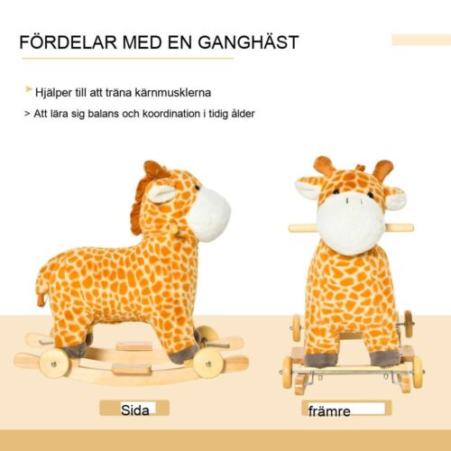 Gul cabriolet gunggiraffhäst med hjul, plysch och ljud