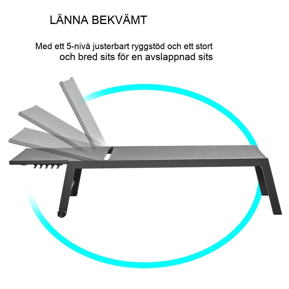 Solstol i grå aluminium, ställbart ryggstöd, trädgårdsschäslong 169x65cm